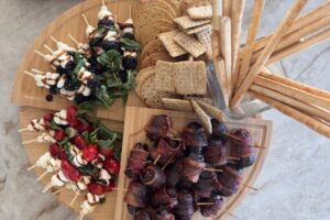 Caprese Skewers, Bacon Wrapped Dates, and Crackers